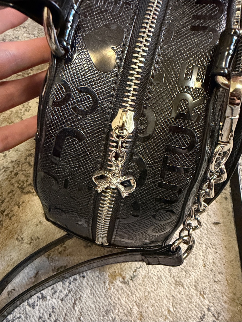 Juicy Couture Black Patent Satchel with Silver Bow Accent - Picture 4 of 6